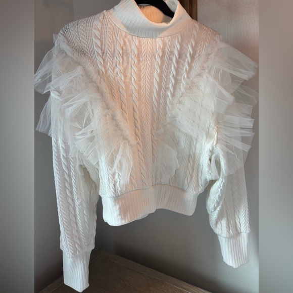 Free People Sweaters - Free People White V-Neck Sweater with Cable Knit and Ruffles